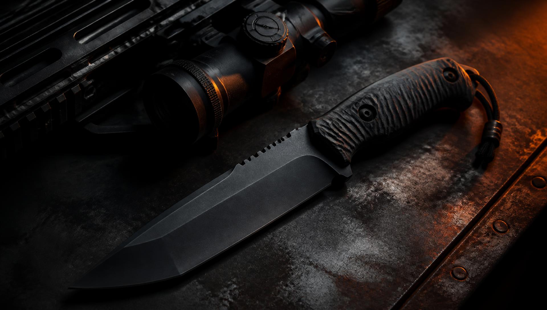 Tactical fixed blade knife and rifle optic on a dark steel surface